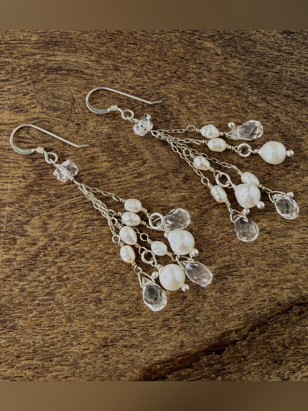 Bridal Jewelry, Harkimer Diamond Quartz White Freshwater Pearl Earrings, Sterlin